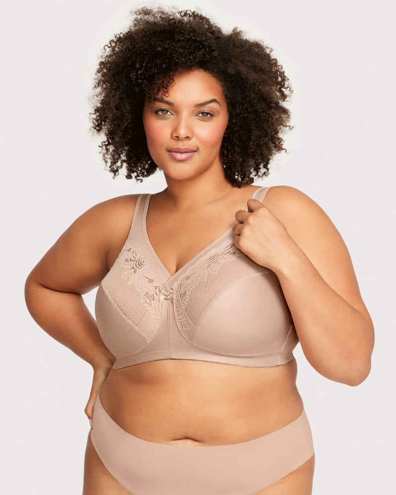 Front of a model wearing a size 50DD MagicLift Minimizer Bra in Cafe by Glamorise. | dia_product_style_image_id:262746